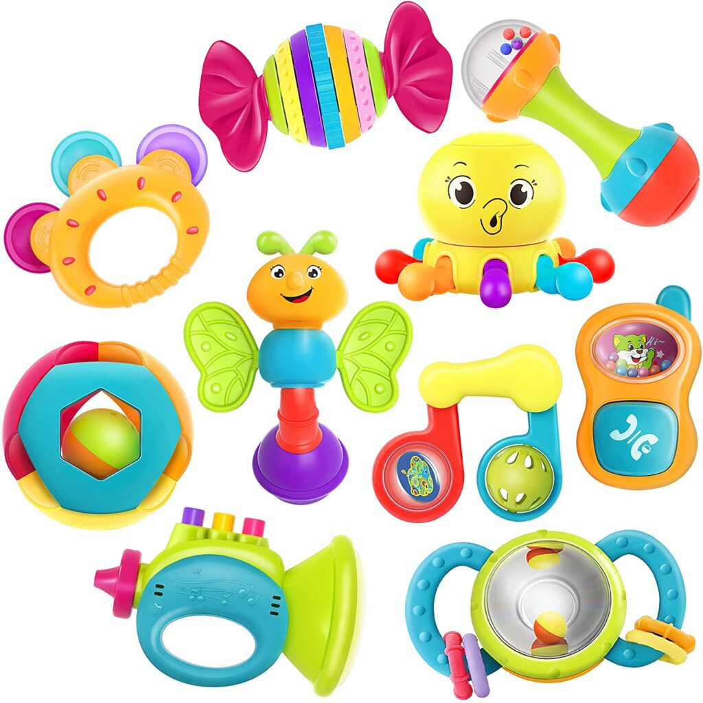 iLearn 10pcs Baby Rattle Toys Infant Shaker Teether Grab and Spin Rattles Musical Toy Set