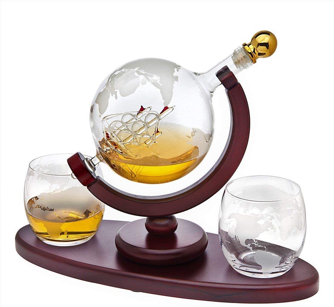 Whiskey Decanter Globe Set with 2 Etched Whiskey Glasses fathers day
