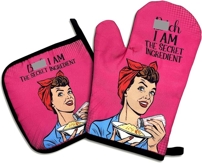 Bitch I Am The Secret Ingredient Funny Oven Mitts and Pot Holders Set Best Housewarming Gifts for Women