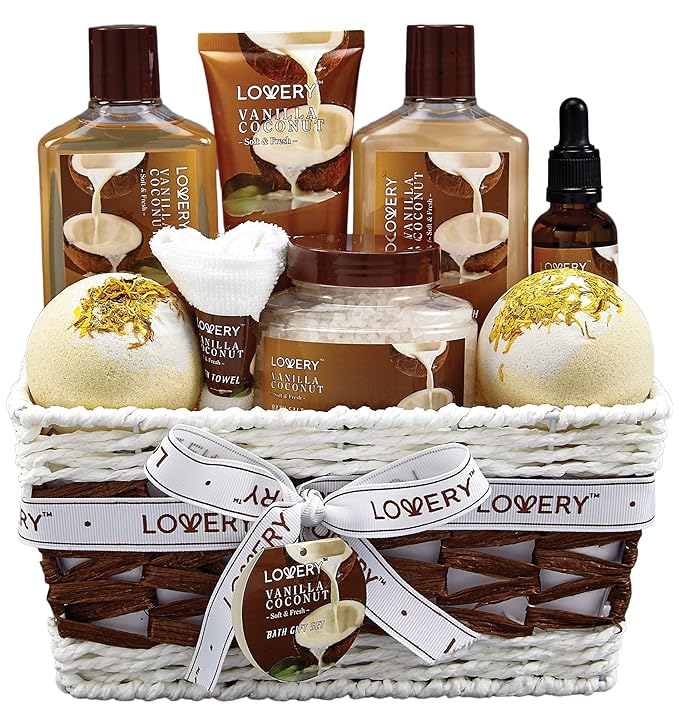 Best Romantic Sexy Gifts Ideas Bath and Body Gift Basket For Women and Men 9 Piece Set of Vanilla Coconut