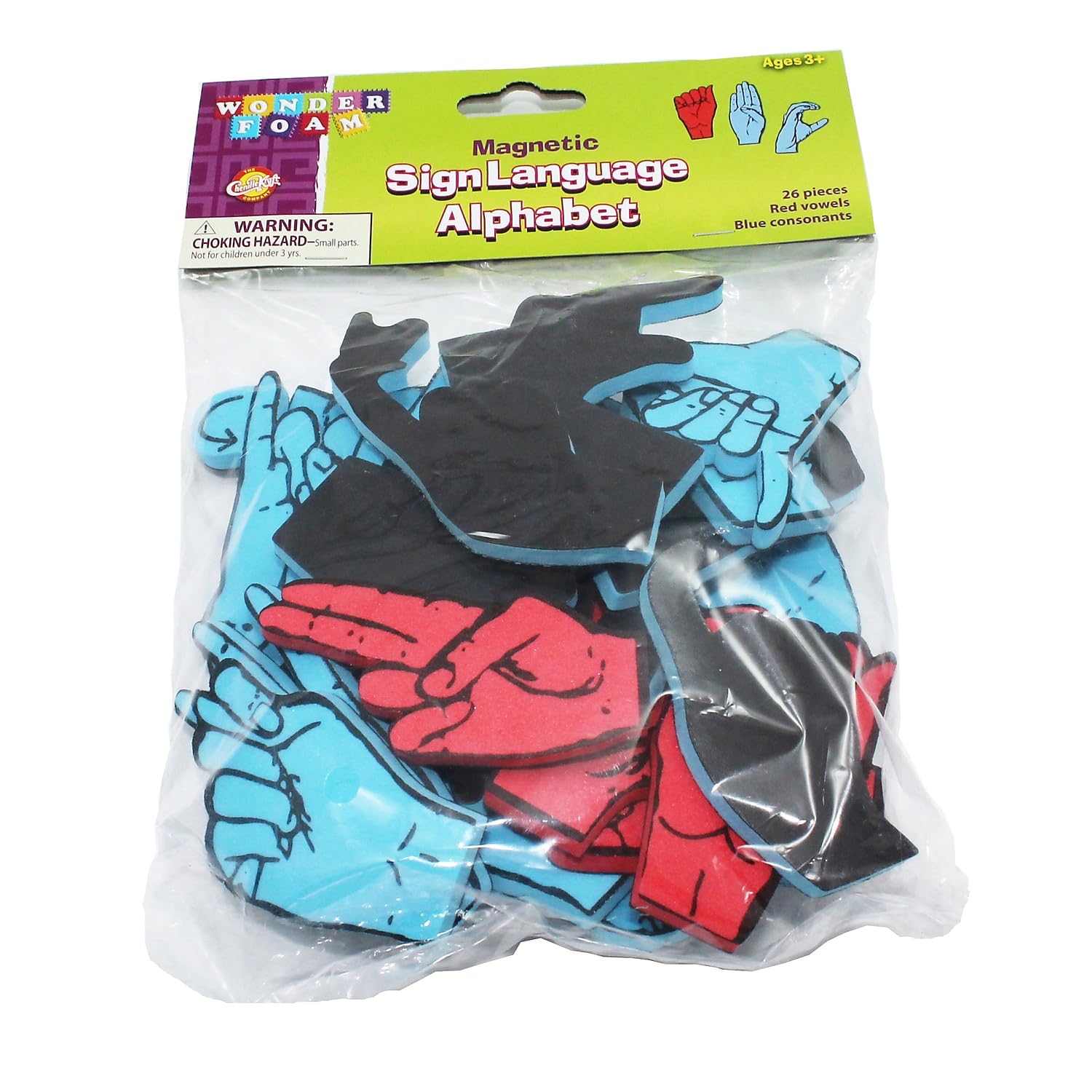 ASL toys for kids: WonderFoam Magnetic Sign Language Alphabet Letters with blue consonants and red vowels.