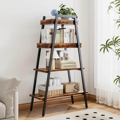 Rustic brown 4‑tier ladder bookcase with metal frame and enclosed edges for modern home decor.