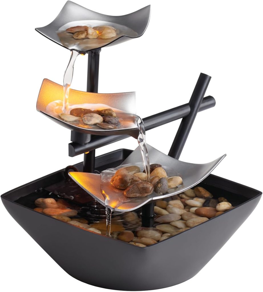 Homedics tabletop waterfall fountain, a calming luxury home decor gift with soft LED lighting.