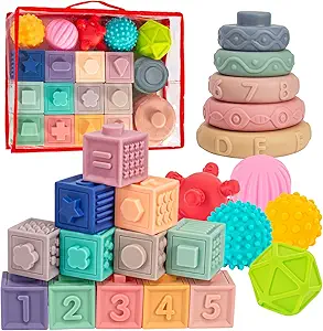 Soft silicone baby stacking blocks, textured balls and teething toys for sensory development.