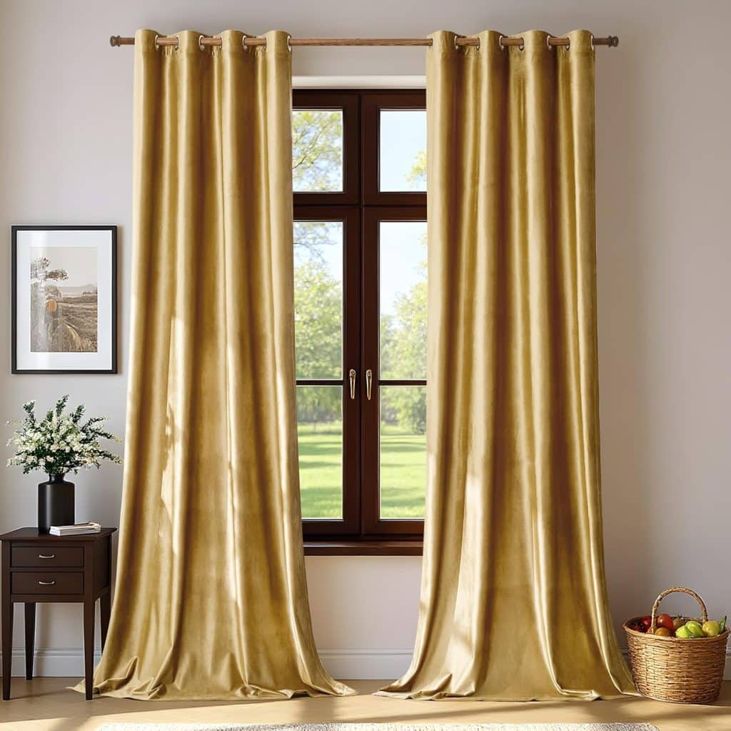 Velvet gold blackout curtains with soft drape and grommet top hanging in a modern living room.