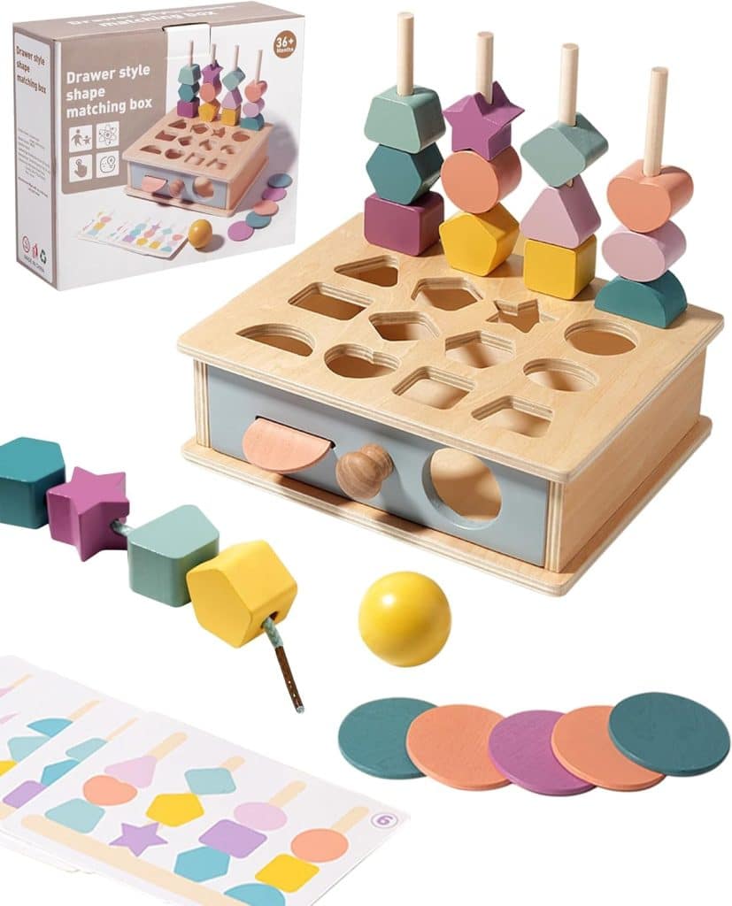 Montessori wooden learning toy with shapes, colours, stacking pieces and lacing beads for toddlers.