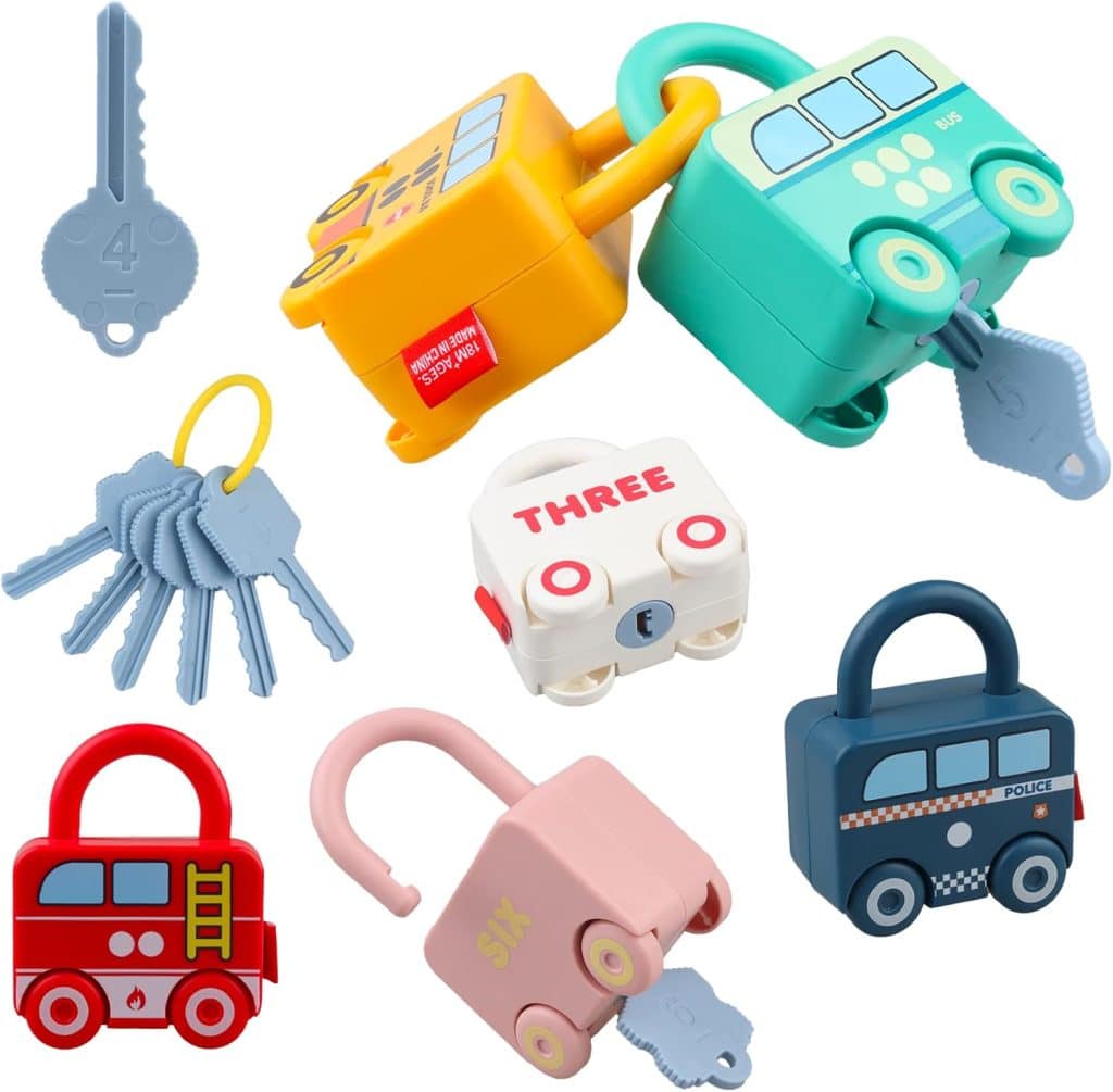 Colourful vehicle‑shaped locks with matching numbered keys for toddler problem‑solving play.
