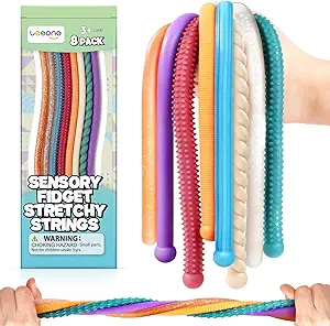 Textured stretchy sensory strings for kids and adults, used for stress relief and fidget play.