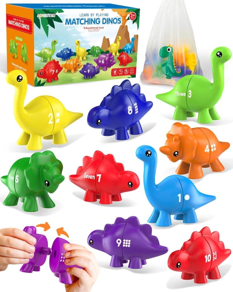 Colourful dinosaur number‑matching toys for preschool counting and early maths skills.