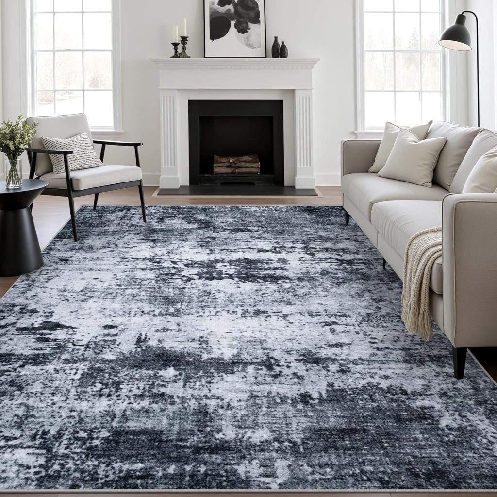 Black modern abstract area rug with a soft, thin washable design for living rooms and bedrooms.